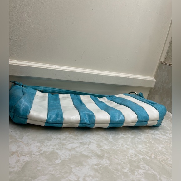 OKPTA Striped Turquoise and White Women's Bag cinches GUC rare and vintage style - Picture 5 of 13